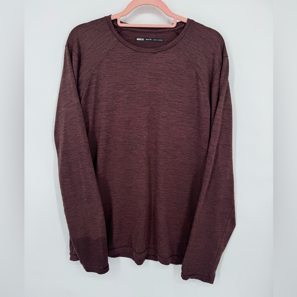 REI CO-OP Men's Burgundy Brown Striped Long Sleeve Tee Gorpcore Size Large Tall